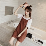 夏季韩版宽松纯色短袖背带裤子两件套+亚棉麻工装连体短裤套装女