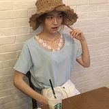 2016夏装韩国学院风宽松拼接蕾丝花朵短袖T恤女小清新学生上衣