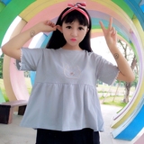 韩国ulzzang学院风可爱卡通猫咪刺绣高腰娃娃衫上衣女学生短袖T恤