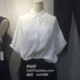 2016夏 韩国原单2day女装 纯色雪纺拼接单排扣宽松韩范蝙蝠袖衬衫