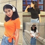 夏季新款韩版绑带打底衫短款修身显瘦短袖针织衫套头上衣女装I626