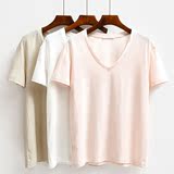 韩版夏季女上衣v领纯色直筒修身纯棉短袖T恤学生简约百搭气质体恤