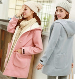 2015秋冬新款女装韩版修身羊毛呢外套连帽中长款呢子大衣风