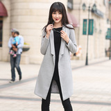 2015秋季新款韩版毛呢风衣外套女中长款修身纯色翻领羊毛呢子大衣