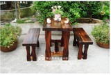 田园特价 松木火烧木 全实木碳化桌椅 茶桌长凳 餐桌椅子