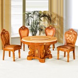 欧式大理石餐桌 高档橡木雕花实木餐桌 餐厅带转盘圆形餐桌椅组合