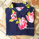 热卖补货超美3D玫瑰印花真丝衬衫 对花工艺长袖女衬衣藏青