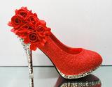 包邮红色金色丝光绸花朵结婚鞋防水台高跟鞋婚鞋红色新娘鞋宴会鞋