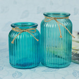 批发欧式地中海乡村蓝色透明玻璃水培花瓶家居装饰花器办公桌摆件