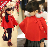 2015冬季新年女童加绒加厚外套蝙蝠衫连帽衫斗篷儿童红色披风披肩