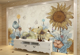 欧式复古手绘儿童卡通向日葵壁纸壁画电视沙发床头客厅玄关背景墙