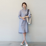 市舶司 韩国代购女装2016夏装新款条纹开叉七分袖连衣裙GC1535