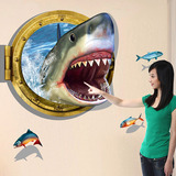 3D视觉立体墙贴教室儿童房卧室墙壁装饰可移除船窗海底世界鲨鱼群