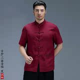 原创中国风男装夏装休闲立领盘扣唐装刺绣亚麻短袖民族中式衬衫
