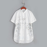 日系森女纯白色可爱卡通刺绣花翻领中长款短袖衬衫衬衣女夏装新款