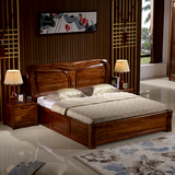 全实木床纯黑胡桃木床双人床1.5米1.8米婚床现代中式 高箱储物床