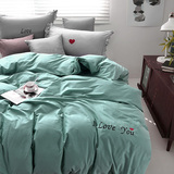 全棉四件套纯棉韩式简约纯色刺绣1.5m1.8m2.0米床上用品床单被套