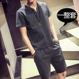 夏季韩版棉麻型男套装时尚休闲短袖T恤纯色套装潮流男士短裤夏装