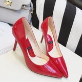 女士鞋子韩版OL时尚性感漆皮简约百搭素面尖头浅口细跟高跟鞋红色