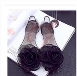 韩版黑色花朵透明硅胶柔软平底鱼嘴包跟女夏大码孕妇妈妈休闲凉鞋