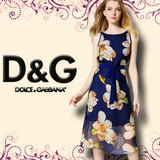 D&G杜嘉班纳专柜正品代购时尚中长款无袖收腰显瘦桑蚕丝女装长裙