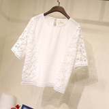 韩国东大门代购2016韩版夏季女装短袖宽松性感镂空白色蕾丝衫上衣
