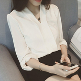 2016夏季韩国新款宽松版显瘦雪纺衫V领上衣长袖白色女士衬衫韩范