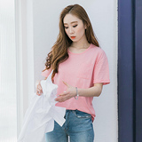 韩国夏季纯色口袋卷边中长款短袖T恤女宽松显瘦半袖前短后长上衣
