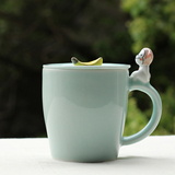 创意猫咪青瓷马克杯子3D立体陶瓷杯 带盖勺个性情侣杯生日礼物