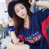 嘻哈棒球服女宽松球衣男女 街头短袖中长款夏T恤开衫学生韩版 潮