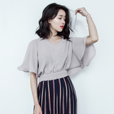 2016夏季新款韩版女装韩国短款V领后系带喇叭袖雪纺衫小衫女上衣