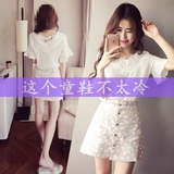 2016夏季新款韩版显瘦花朵短袖蕾丝镂空上衣V领荷叶喇叭袖雪纺衫