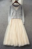 2016韩国气质淑女纯色长袖针织V领开衫+吊带纱裙两件套连衣裙