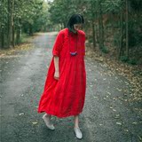 原野例-外菊-家风格 原创复古立领亚麻中式连身裙 民族条纹袍
