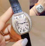 2015时尚新款女表 酒桶型镶钻FM真皮女士方形 时尚皮带手表