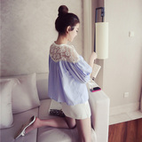 jto 夏季新款韩国五分灯笼袖系带蕾丝条纹衬衫显瘦百搭女上衣E116