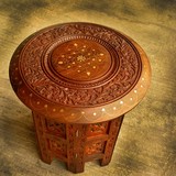 印度菩提木手工雕花实木板凳子 嵌铜原木椅子 梳妆凳 东南亚家具