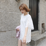 定制2016夏季新款韩版蕾丝白色高腰宽松荷叶袖中长款短袖连衣裙女