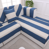 定制防滑亚麻沙发垫布艺简约条纹坐垫现代蓝色地中海沙发巾可定做