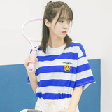 DK尤物/iFashion 2016夏款新品 学院刺绣笑脸蓝条纹短袖T恤衫上衣
