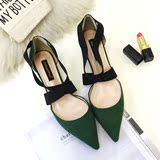 2016新款韩版绒面浅口尖头松紧带细跟中跟单鞋女高跟鞋工作鞋绿色
