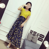 夏2016韩版名媛V领交叉短袖T恤+系带不规则花朵半身裙长裙套装
