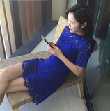 韩国2016夏季新款韩版中长款短袖镂空蕾丝连衣裙显瘦名媛裙子女仙