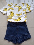 2016年夏装新款 香蕉T恤 搭高腰荷叶边牛仔短裤 韩版休闲套装