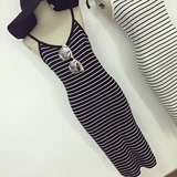 女装夏装2016新款潮韩版性感吊带条纹修身显瘦针织连衣裙中长裙