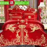 婚庆新婚多件套纯棉贡缎绣花龙凤十件套床单被套床盖四件套大红色