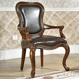 欧式纯全实木餐椅 美式真皮休闲椅子牛皮真皮书椅扶手餐椅SM3C51A