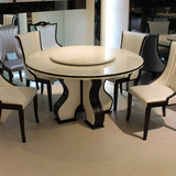 韩式大理石餐台圆形象牙白色饭桌新古典现代简约双层餐桌一桌六椅