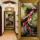 家庭手工油画新中式玄关装饰画竖版客厅走廊过道风水画九鱼图挂画