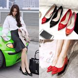 2016春季新款韩版女鞋漆皮尖头高跟鞋中跟粗跟时尚单鞋女红色婚鞋